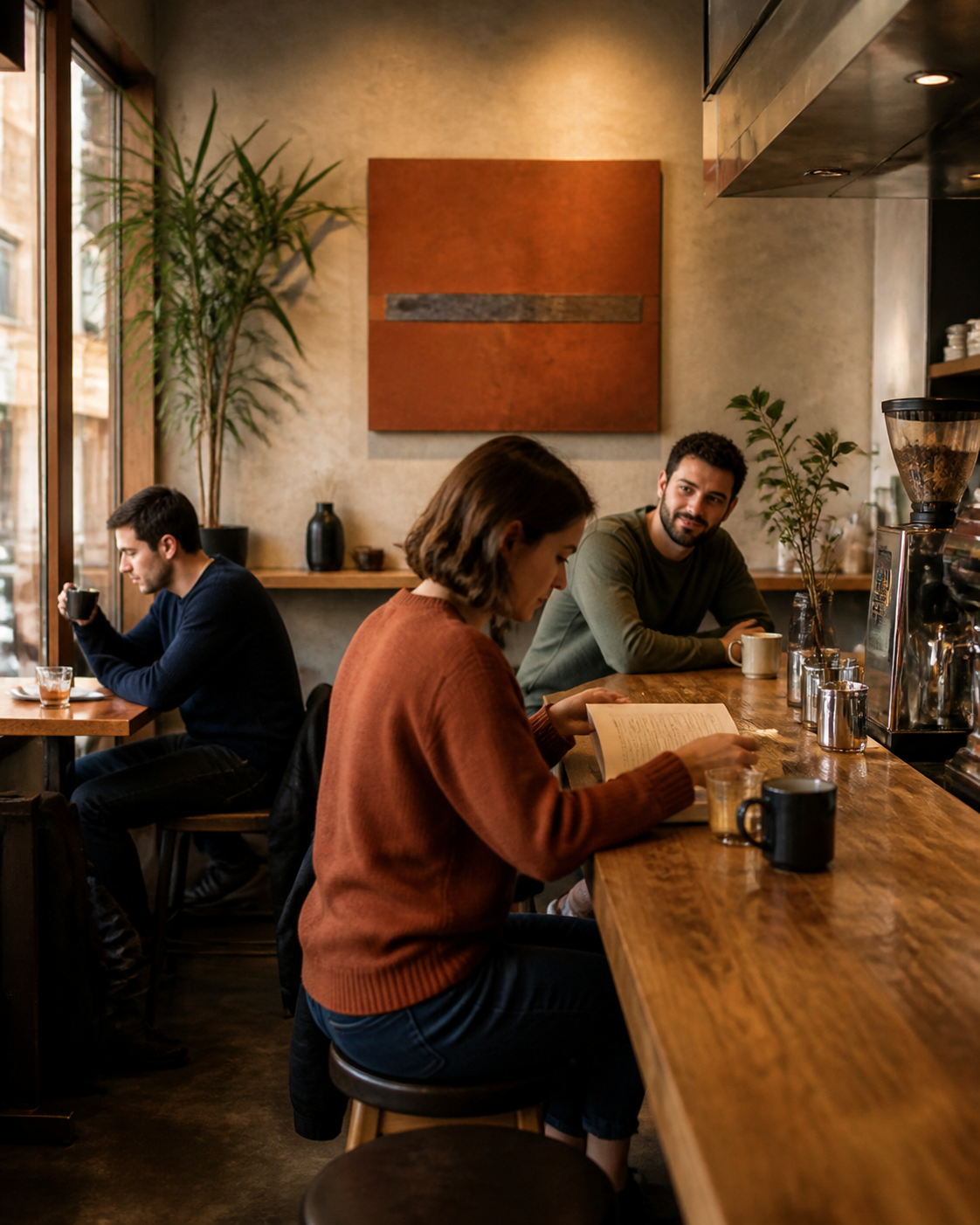 Небольшой зал NORTH COFFEE с деревянной стойкой у окна